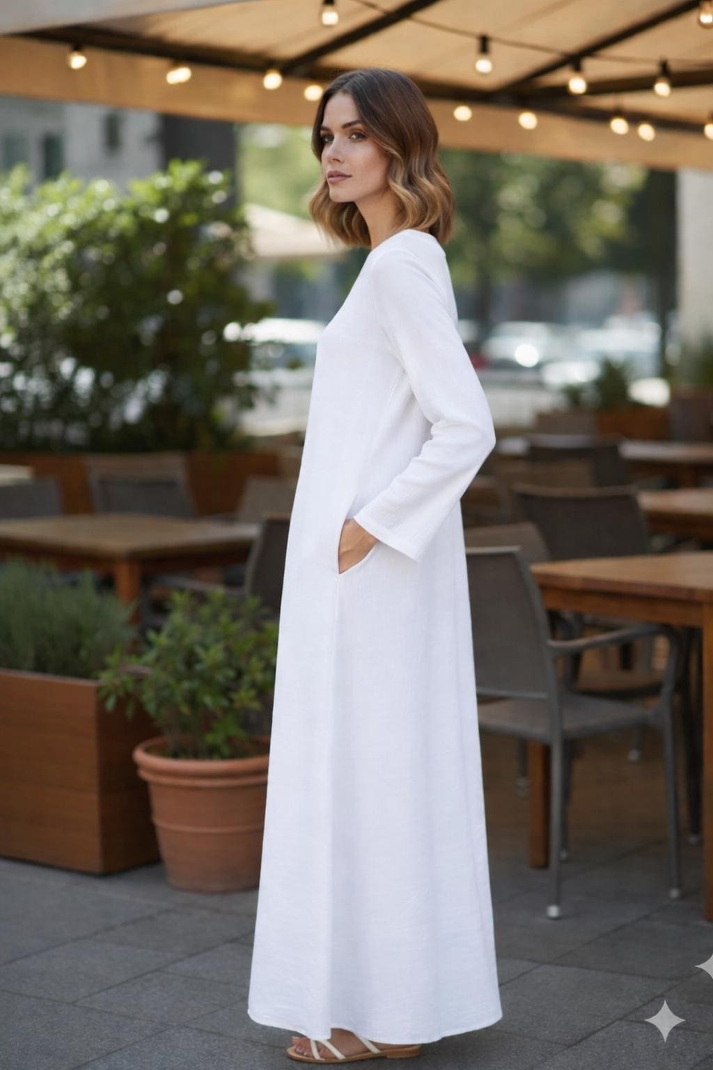 White Linen Kaftan Maxi Dress – Long Sleeve, Relaxed Fit