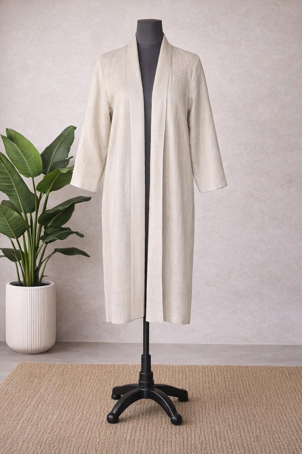 Women's Long Linen Duster Coat, Open Front Minimalist Jacket, Natural Beige Beige