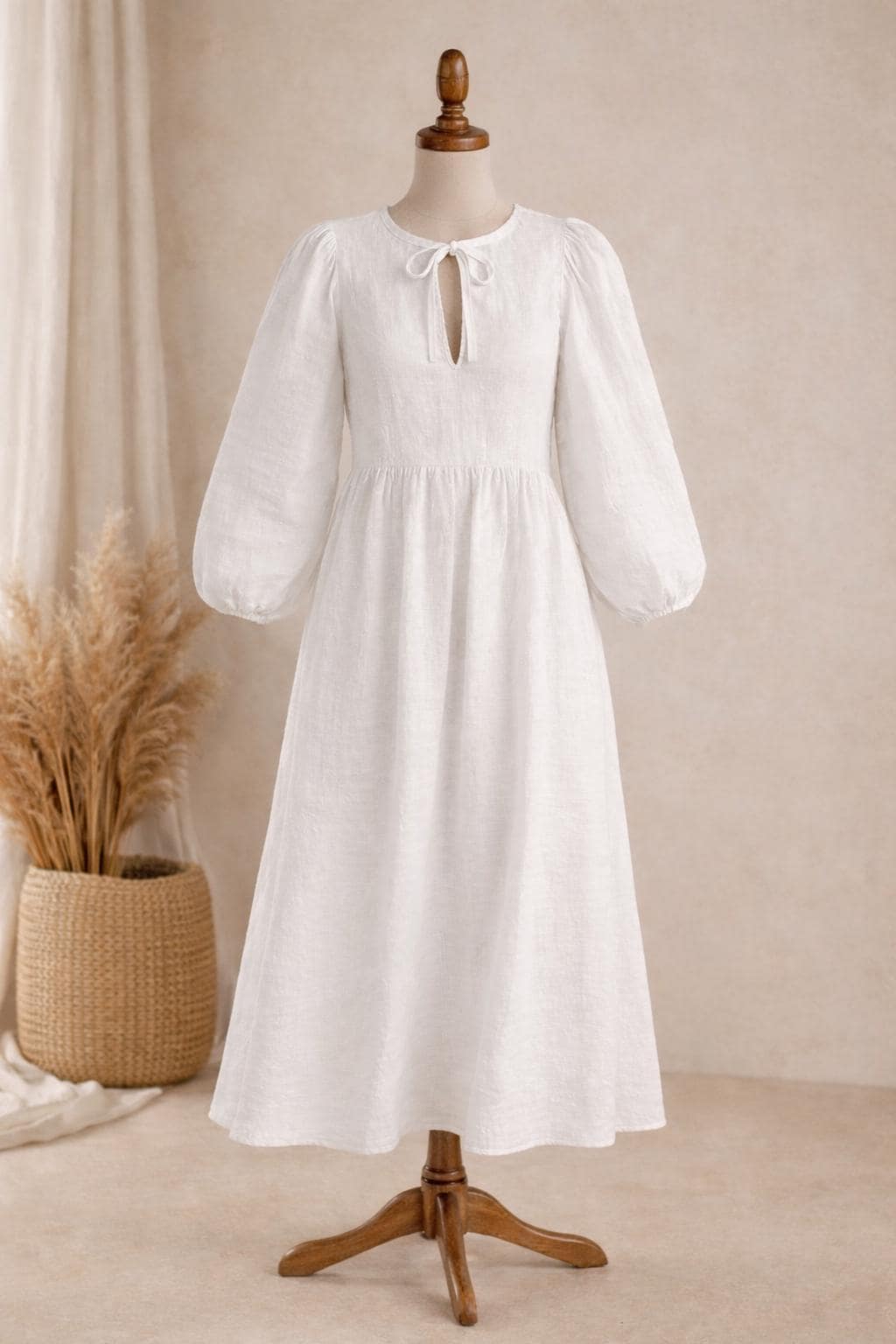 White Linen Midi Dress with Pockets