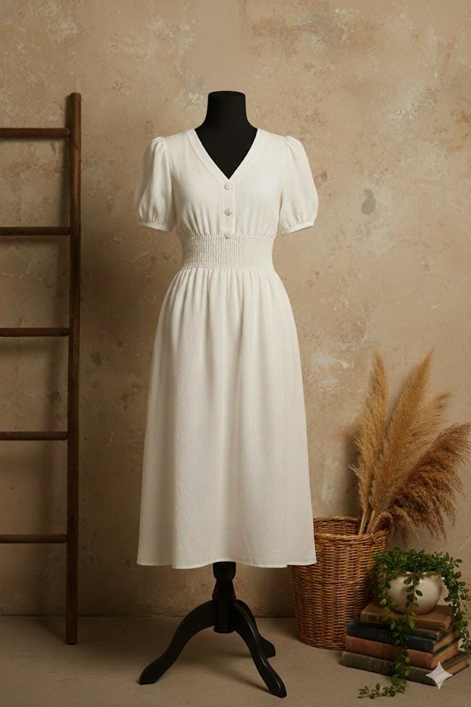 White Natural Linen Midi Dress – Puff Sleeve Summer Outfit