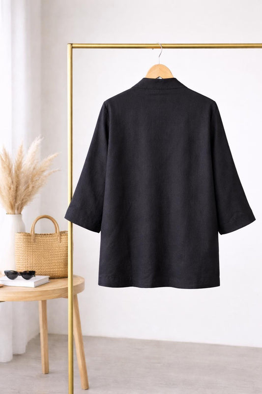Black Linen Kimono Jacket – Relaxed Linen Blazer with Pockets
