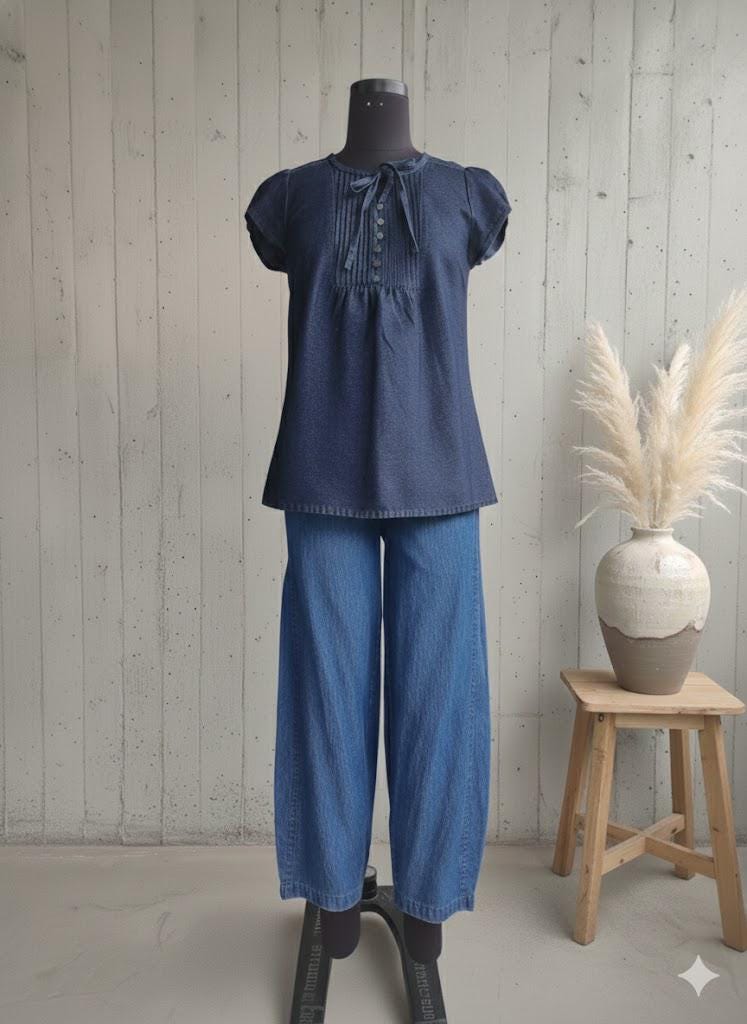 Classic Indigo Denim Co-Ord Set | Soft Puff-Sleeve Top & Wide-Leg Pants