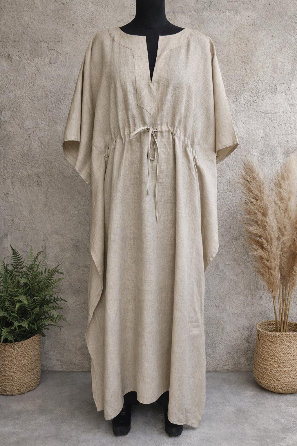 Natural Linen Kaftan Dress – Soft Earth-Tone Maxi with Pockets