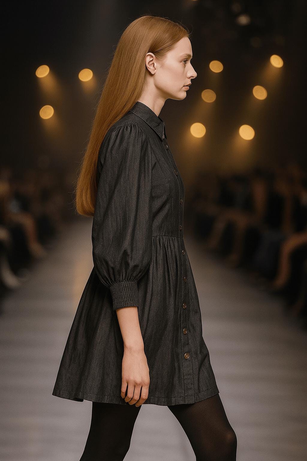 Classic Button Down Denim Dress with Gathered Waist and puff sleeves
