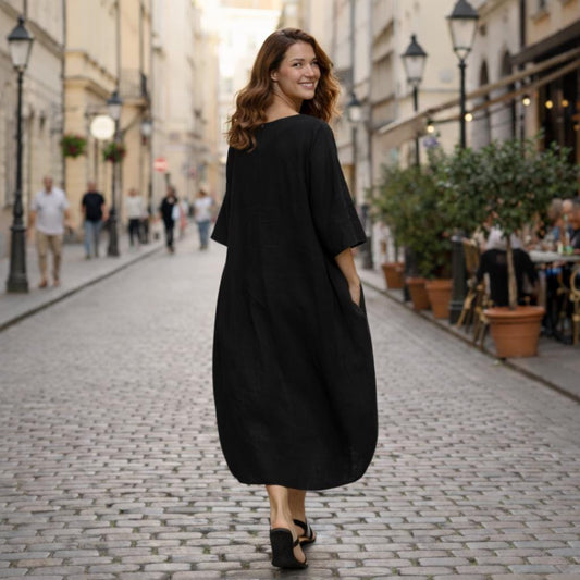 Black Linen Kaftan Dress with Deep Pockets - One Size Relaxed Fit