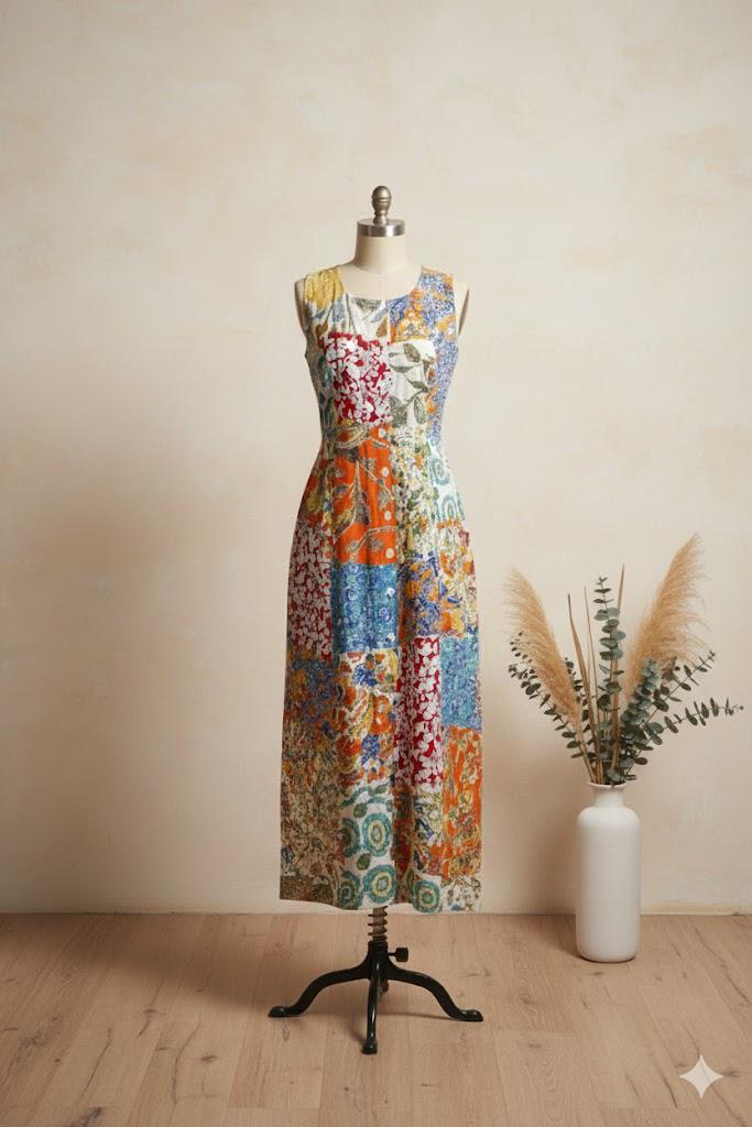 Handmade Rayon Patchwork Dress – Boho Chic Midi Sundress