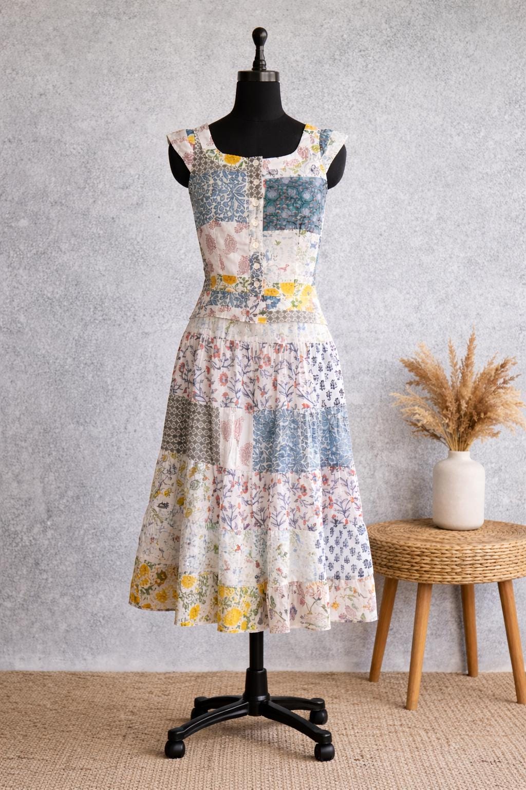 Patchwork Skirt & Top Set | Cotton Midi Skirt with Sleeveless Blouse