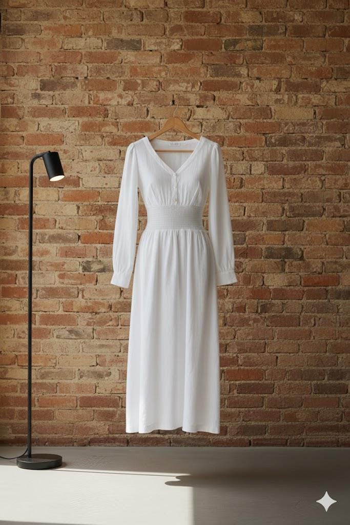 White Linen Midi Dress with Pockets | Long Sleeve Dress