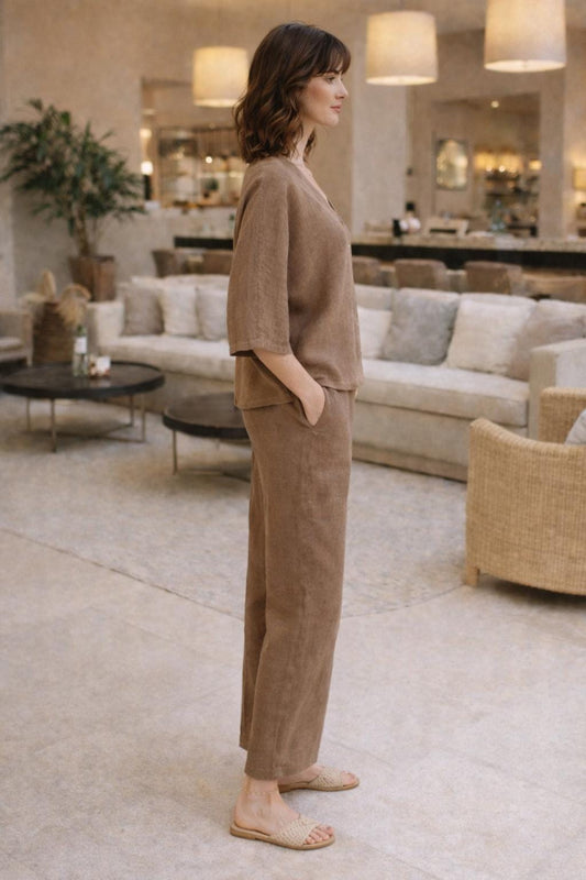 Brown Linen Co-Ord Set for Women | Relaxed Button-Front Top & Wide Leg Pants