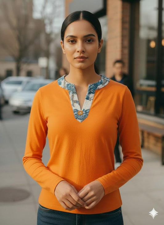 Burnt Orange Full Sleeve Hosiery Top with Ethnic Print Neckline