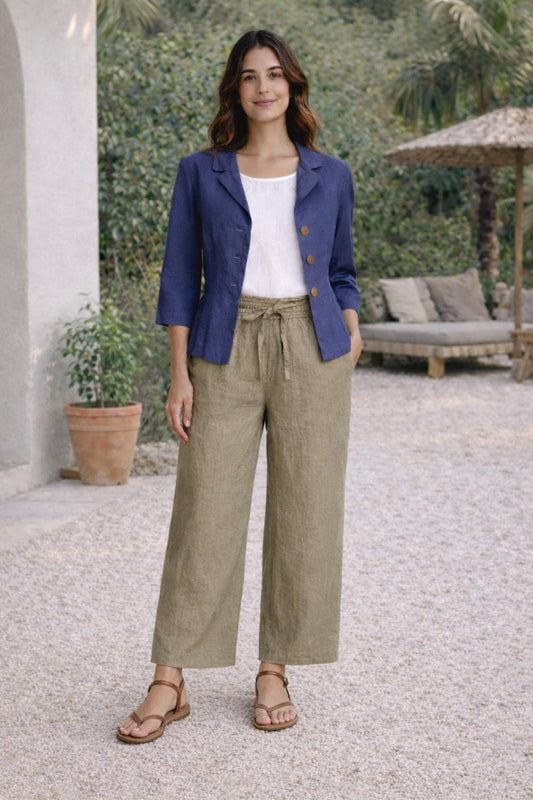 Blue Linen Peplum Blazer - Women's 3/4 Sleeve Summer Jacket