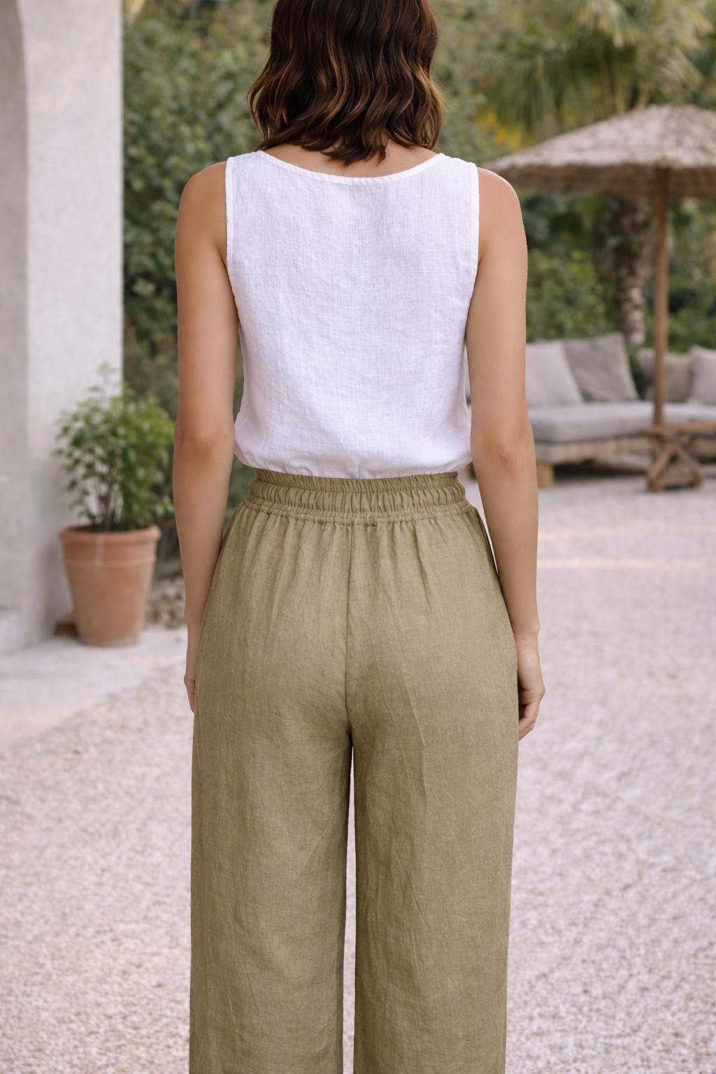 Olive Sheen Linen Trousers – Relaxed Fit High-Waist Linen Pants with Pockets