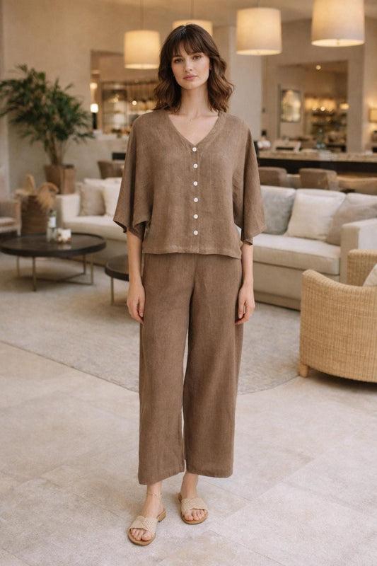 Brown Linen Co-Ord Set for Women | Relaxed Button-Front Top & Wide Leg Pants