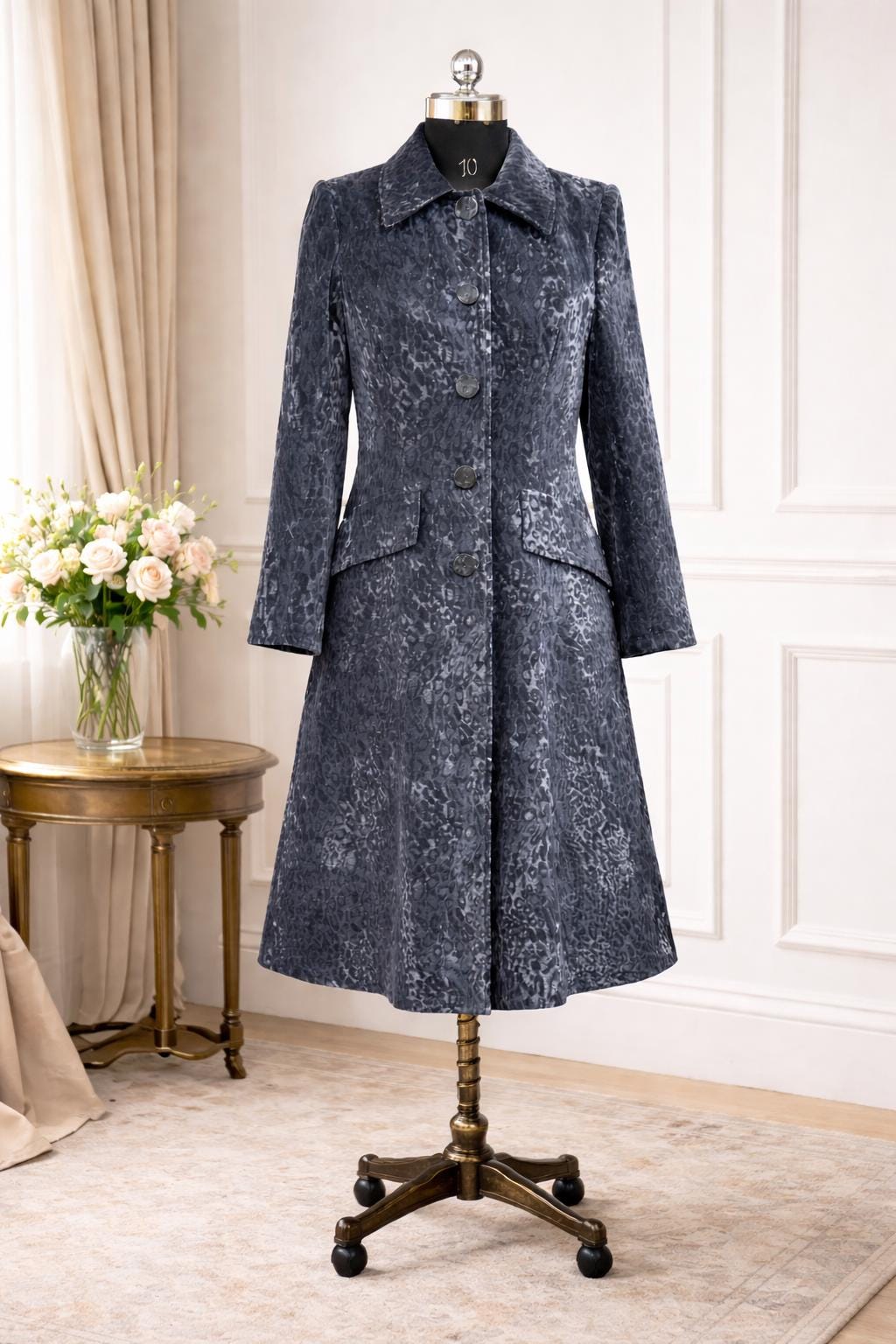 Elegant Grey Velvet Leopard Print Long Coat with Pockets | Winter Dress Coat for Women