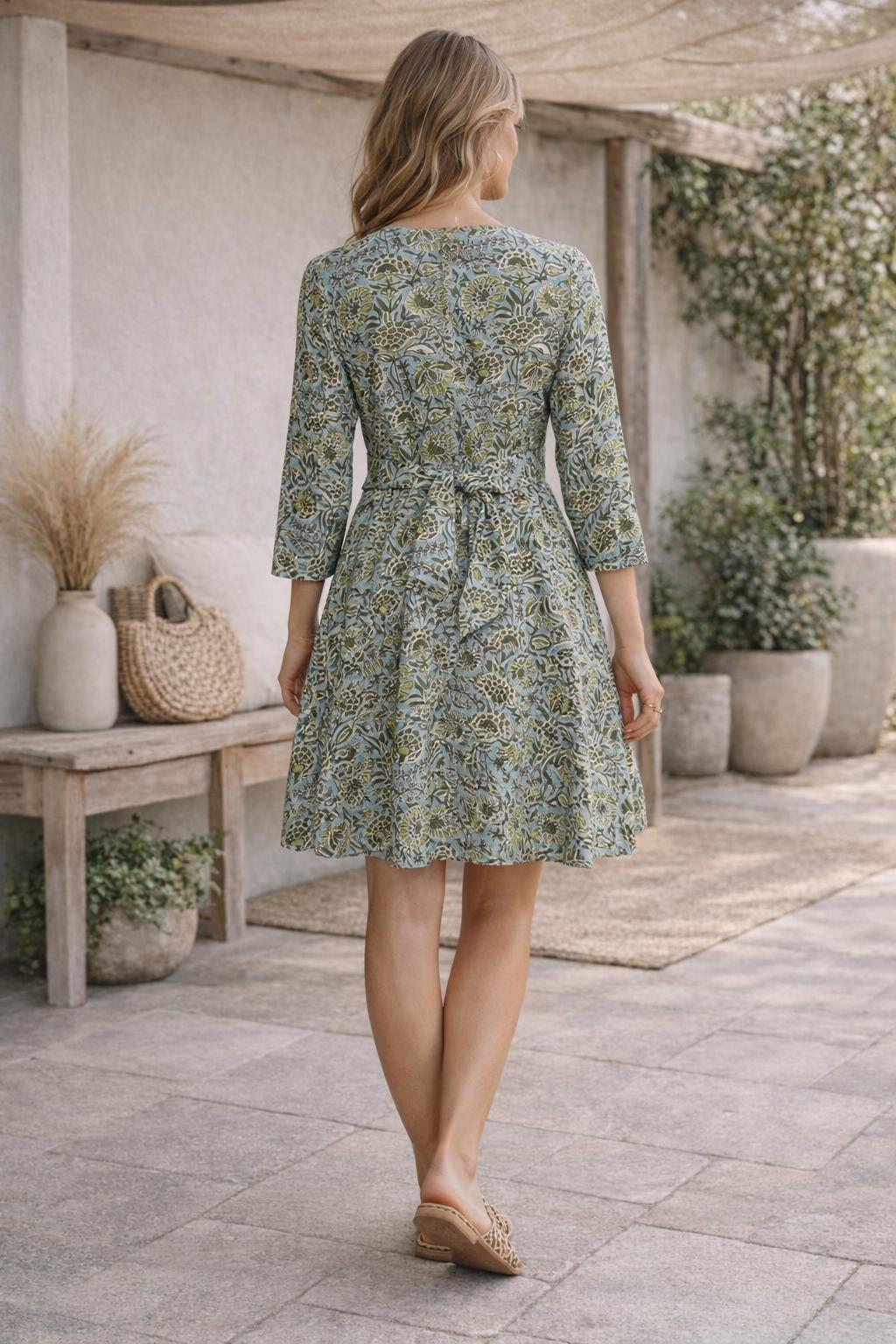 Green Floral Cotton Wrap Dress | Block Print Summer Dress