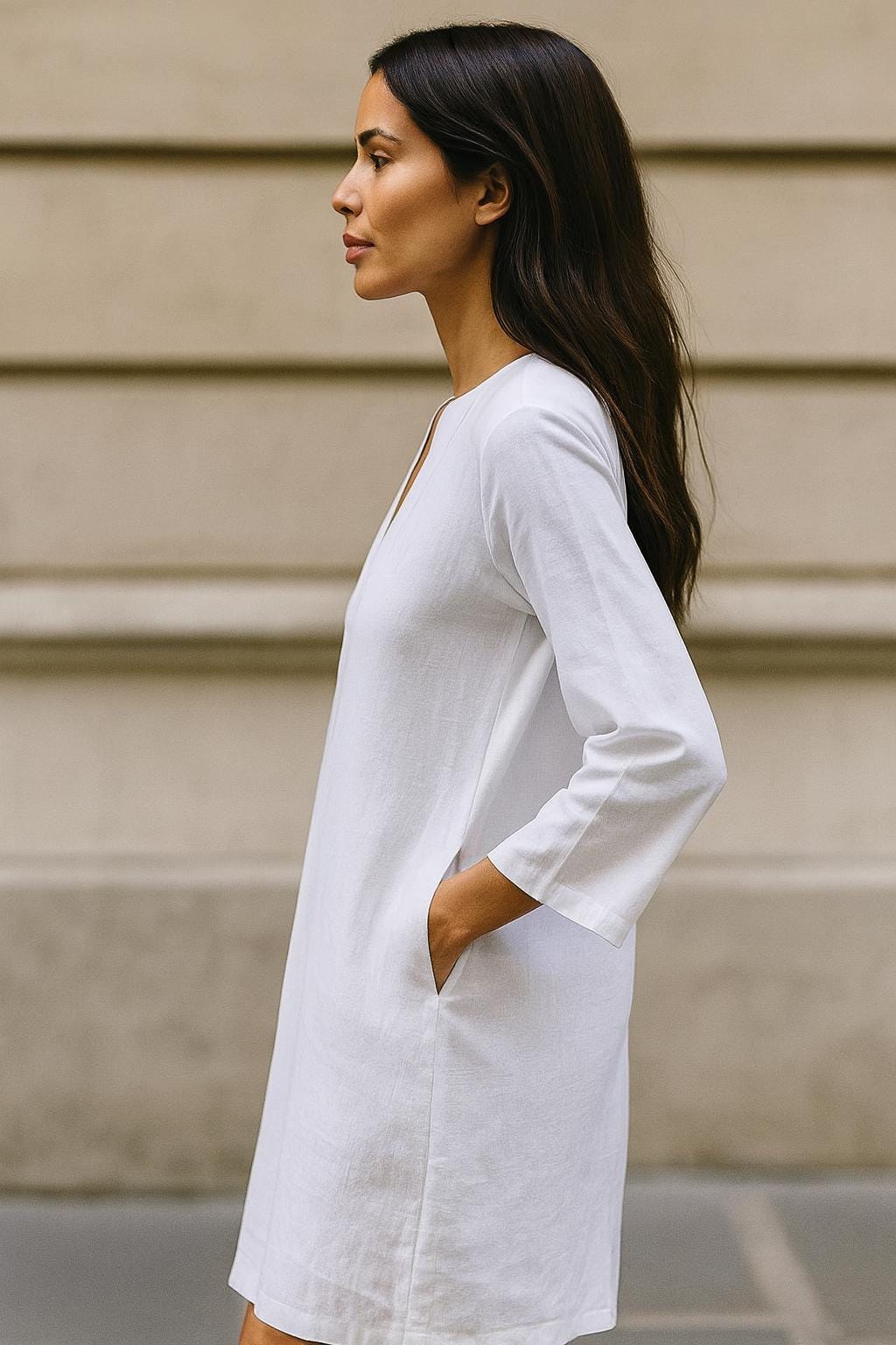 Short White Linen Kaftan Dress with Pockets | Relaxed Fit Handmade Resort Wear