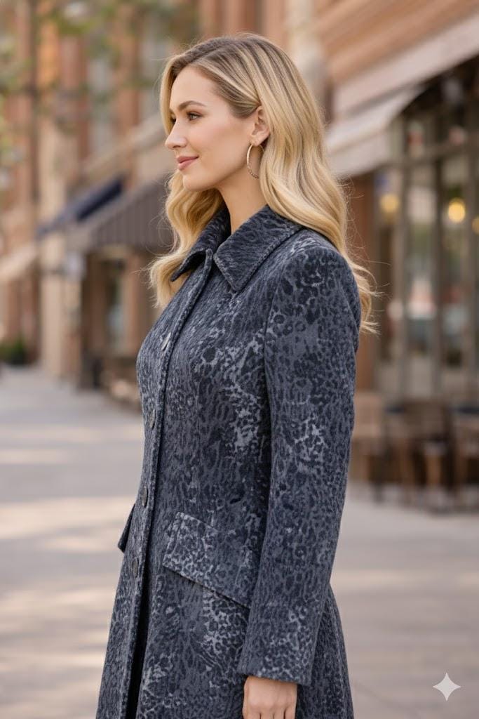Elegant Grey Velvet Leopard Print Long Coat with Pockets | Winter Dress Coat for Women