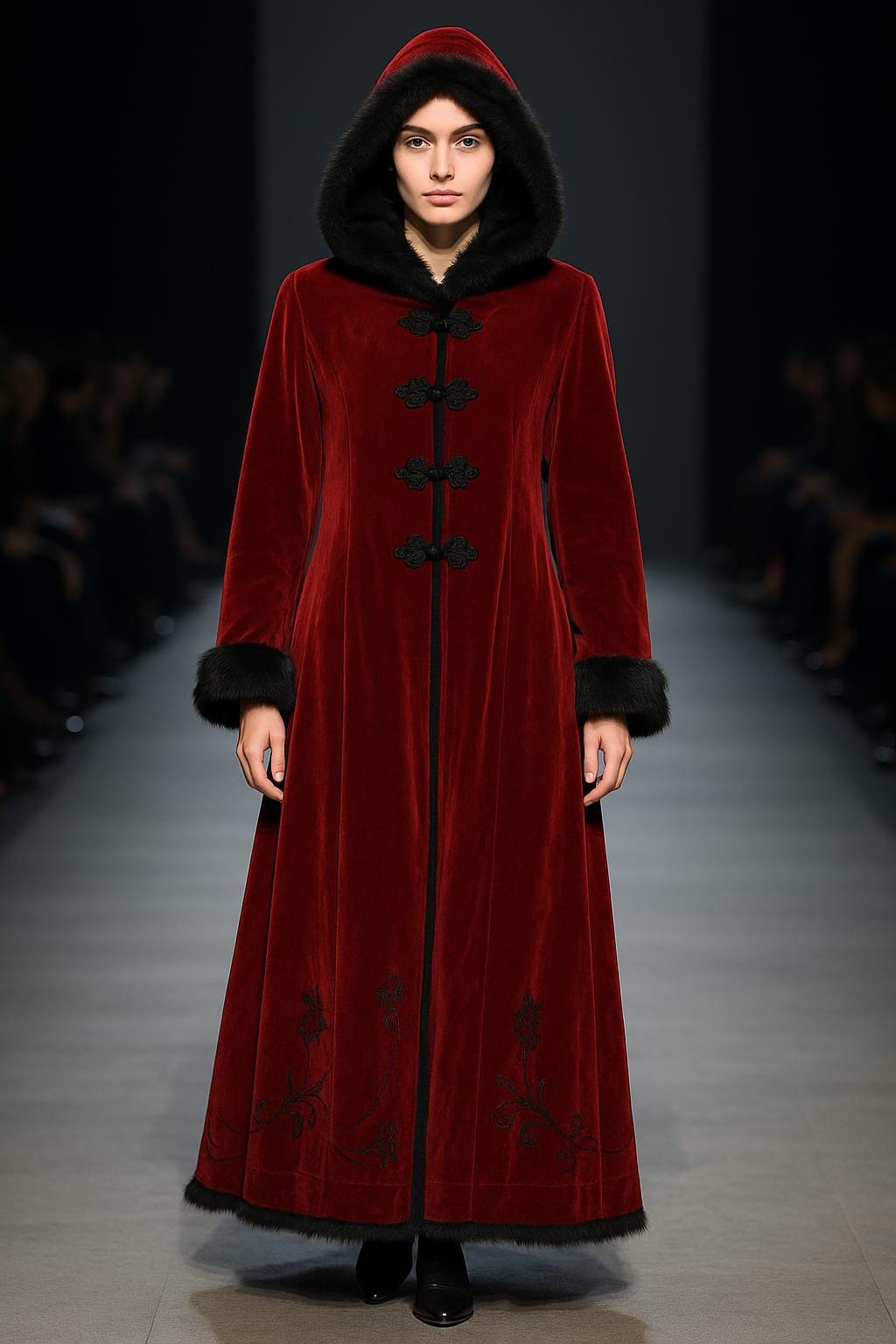 Crimson Velvet Hooded Cloak Coat – Full Length Warm Winter Coat