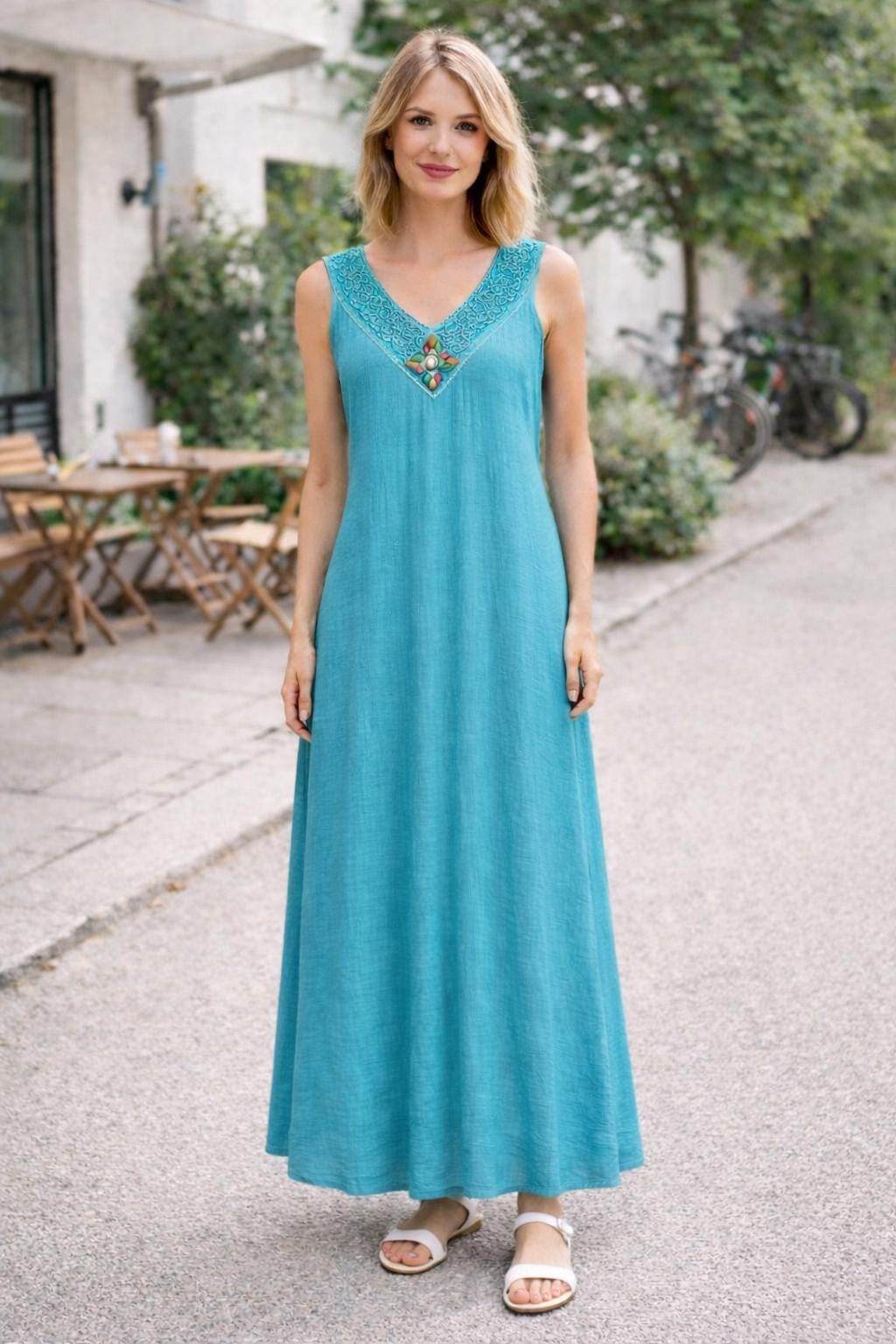 Turquoise Linen Maxi Dress | Loose fit Summer Lounge Dress