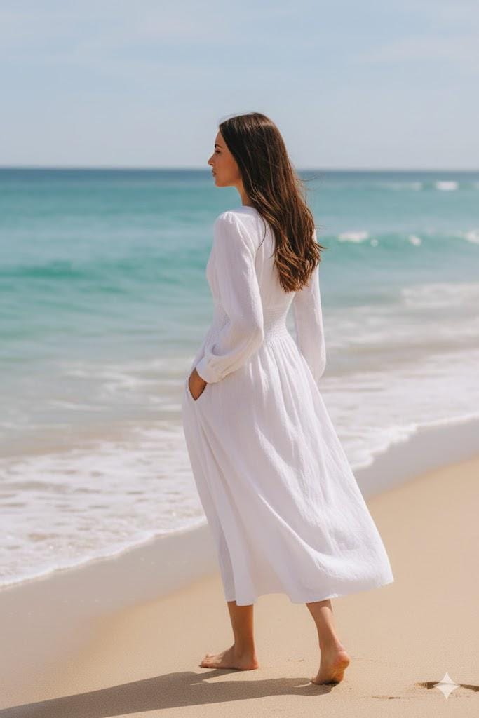White Linen Midi Dress with Pockets | Long Sleeve Dress