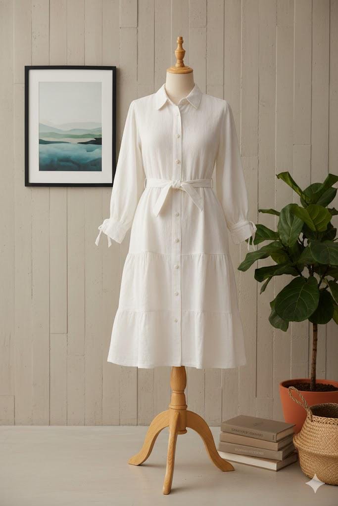 White Linen Tiered Shirt Dress  | Timeless Button-Up with Tie Belt & Pockets