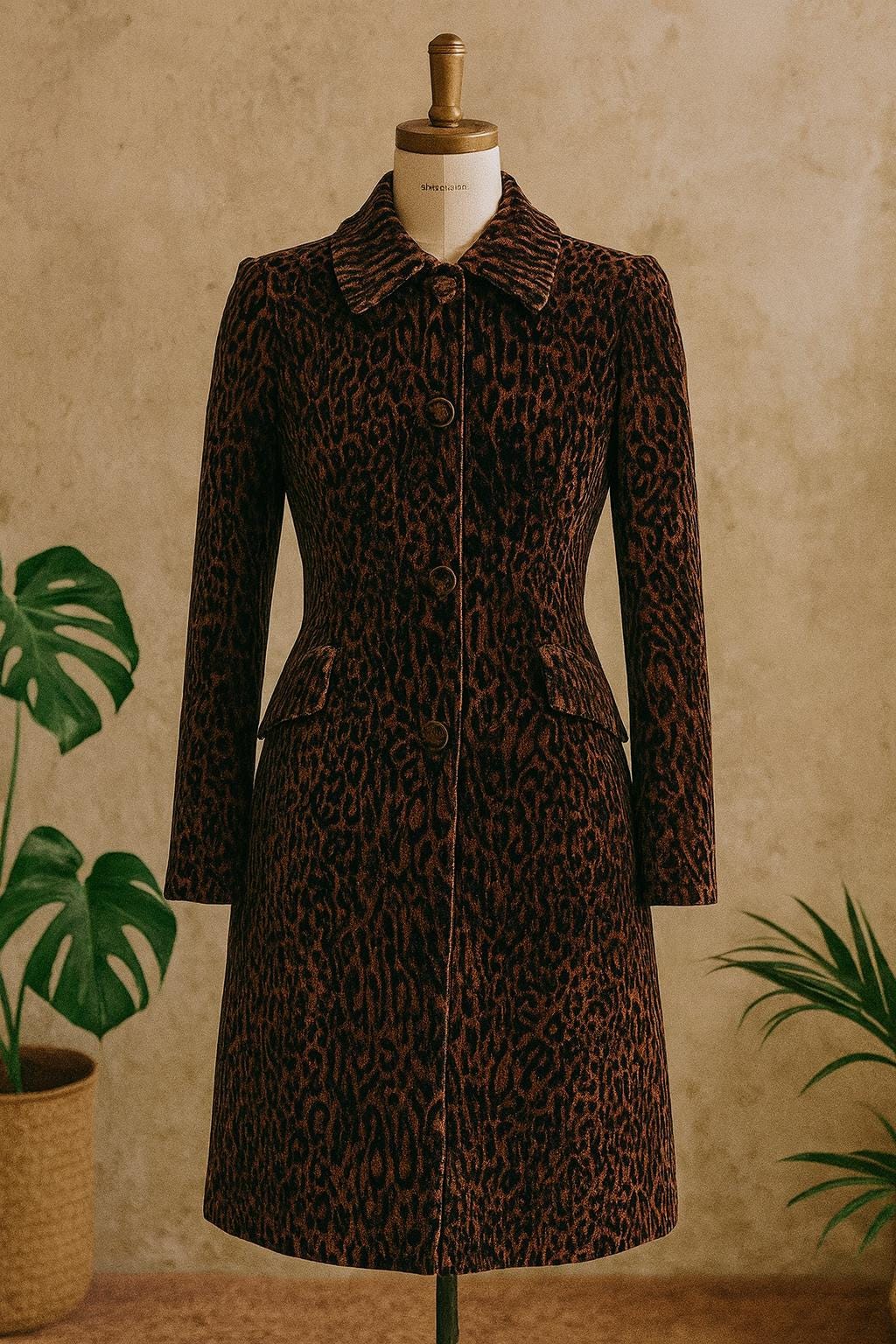 Plush Leopard Print A-Line Coat / Rich Velvet Texture / Winter Jacket