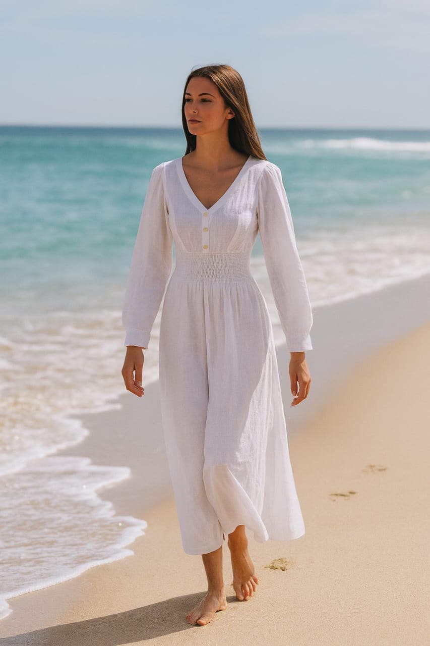 White Linen Midi Dress with Pockets | Long Sleeve Dress