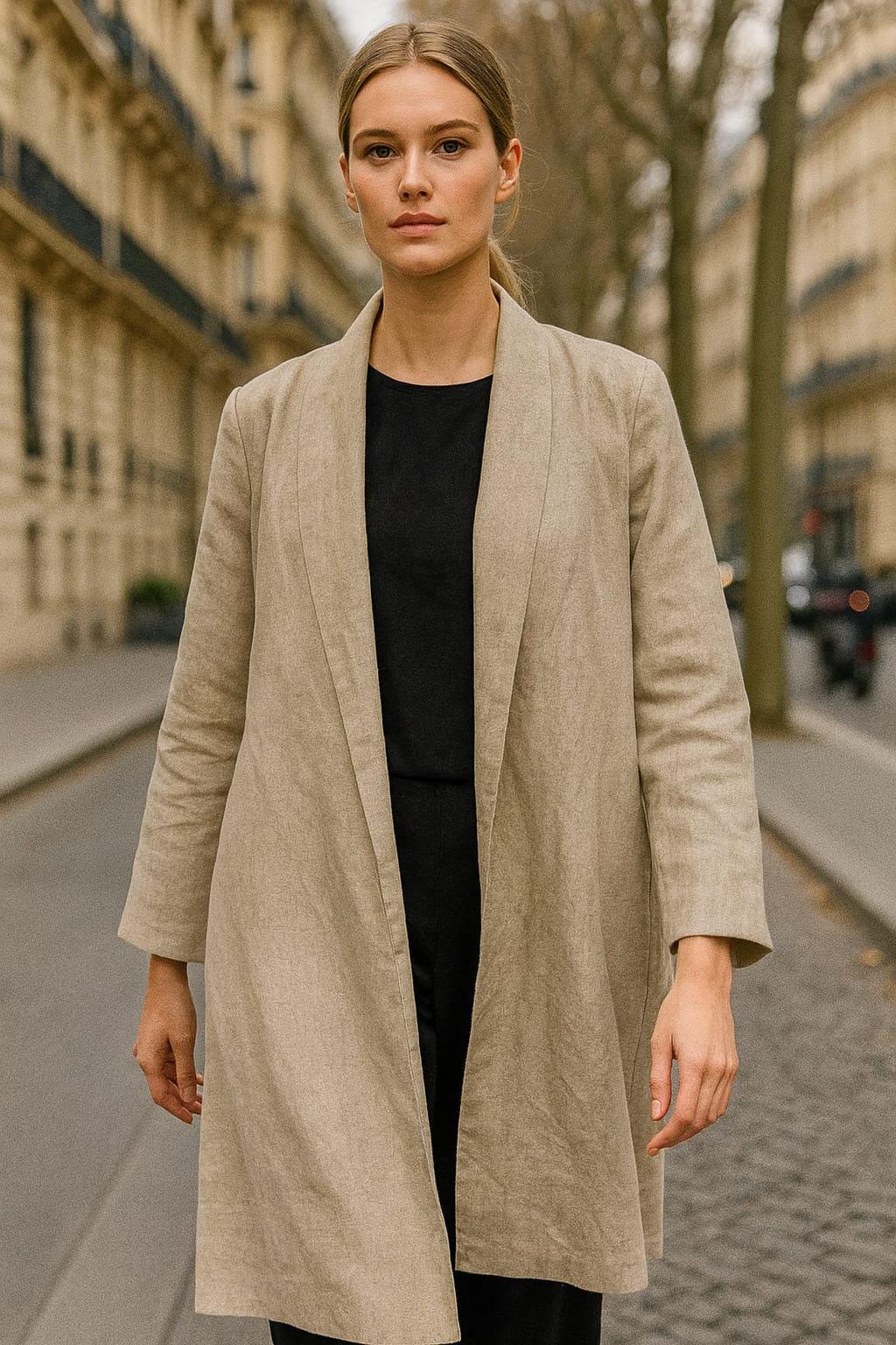 Women's Long Linen Duster Coat, Open Front Minimalist Jacket, Natural Beige Beige