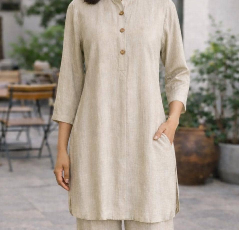 Natural Linen Co-Ord Set with Pockets – Linen Tunic & Wide Pants – Elegant Comfortable
