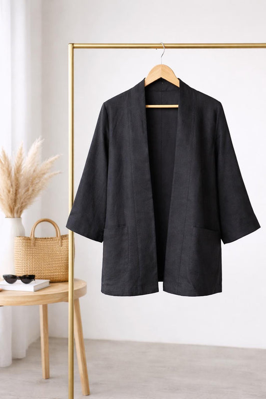 Black Linen Kimono Jacket – Relaxed Linen Blazer with Pockets
