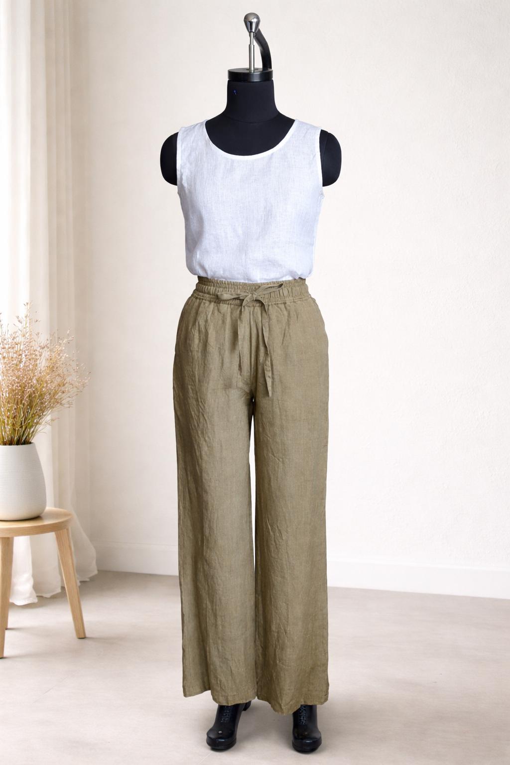 Olive Sheen Linen Trousers – Relaxed Fit High-Waist Linen Pants with Pockets