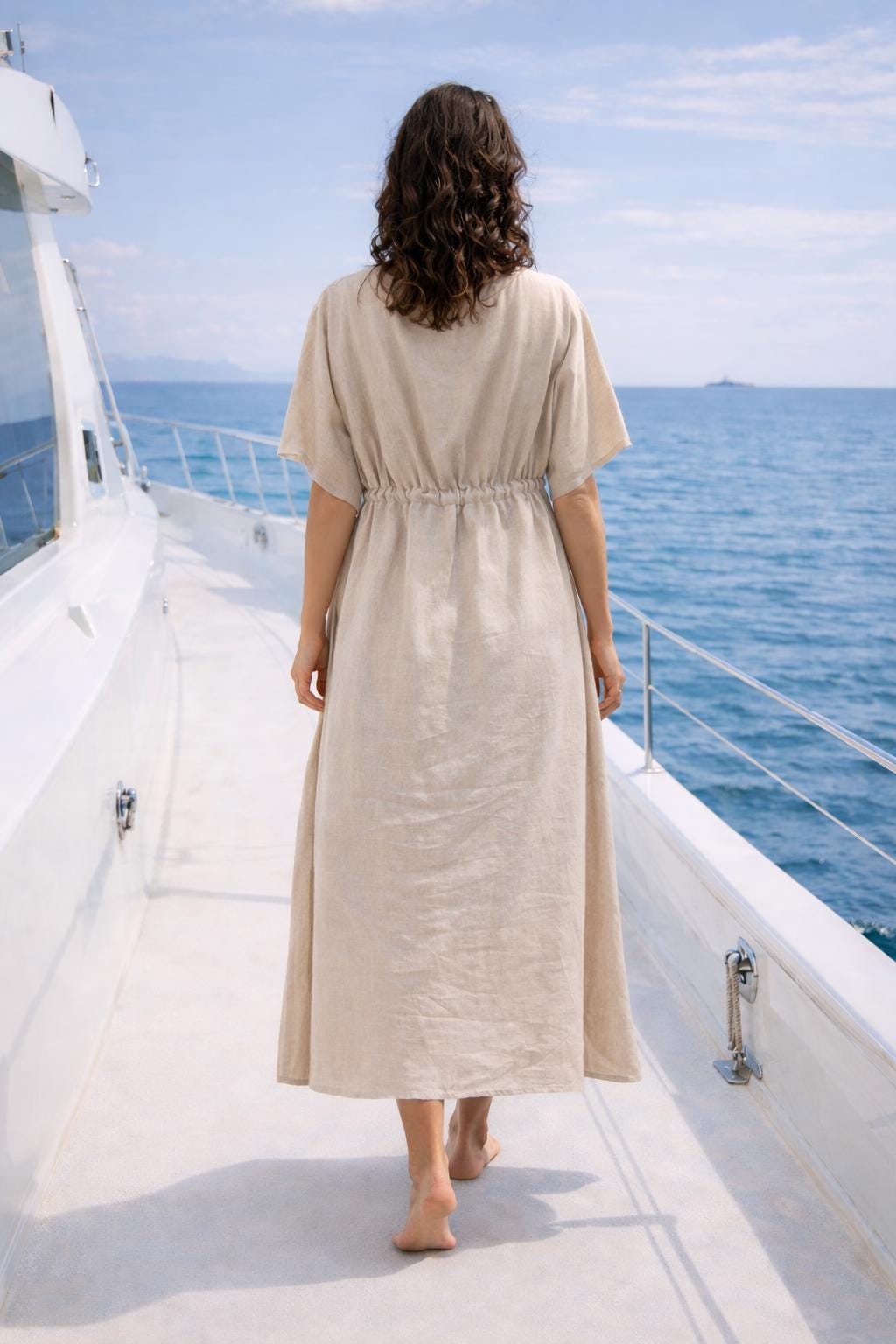 Natural Linen Kaftan Dress – Soft Earth-Tone Maxi with Pockets