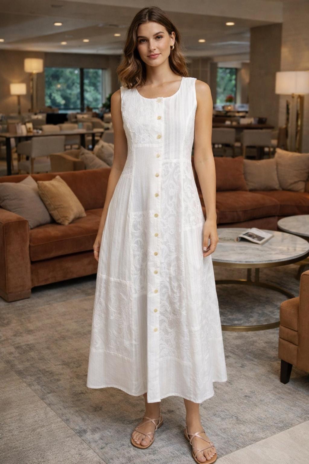 Ivory Whisper – White Cotton Patchwork Midi Dress with Pockets | Sleeveless Button-Down Summer Dress