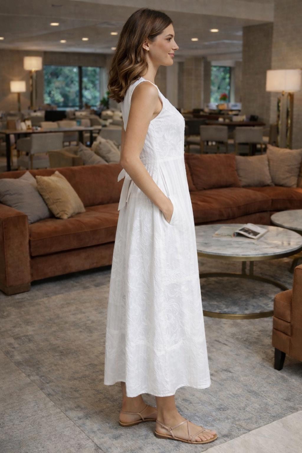 Ivory Whisper – White Cotton Patchwork Midi Dress with Pockets | Sleeveless Button-Down Summer Dress