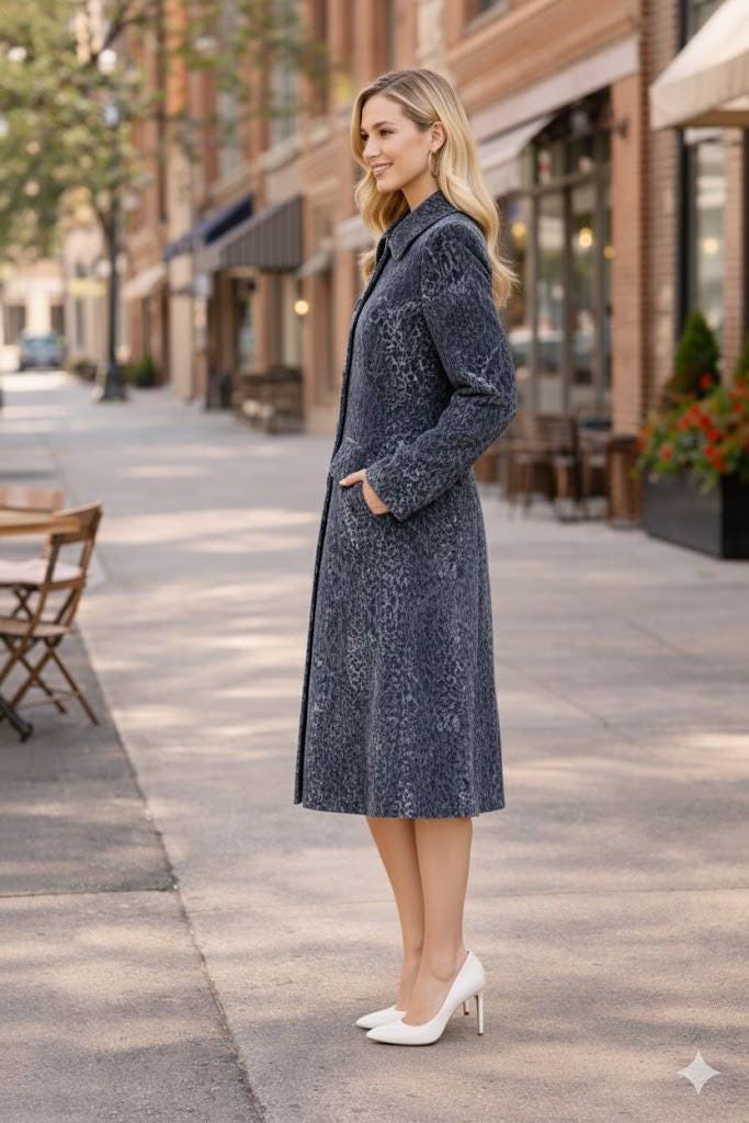 Elegant Grey Velvet Leopard Print Long Coat with Pockets | Winter Dress Coat for Women
