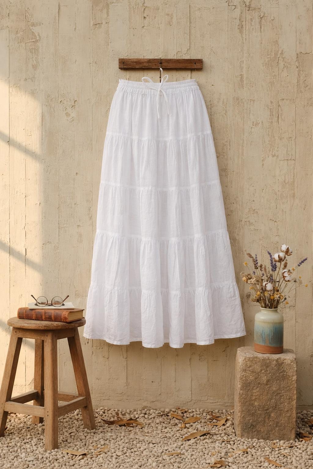 White Linen Maxi Skirt with Cotton Lining | Tiered Boho Summer Skirt