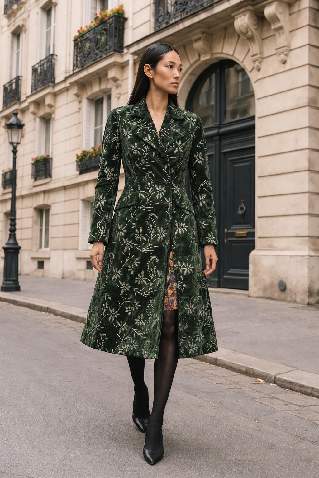Velvet Long Coat with Silver Floral Embroidery | Black, Dark Green & Maroon | Vintage Inspired Luxury Outerwear