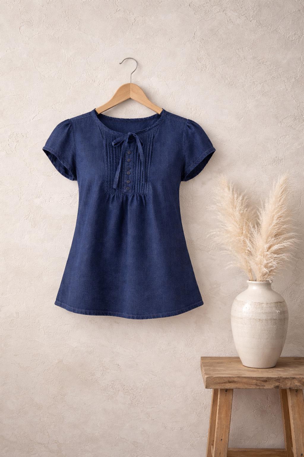 Classic Indigo Denim Co-Ord Set | Soft Puff-Sleeve Top & Wide-Leg Pants
