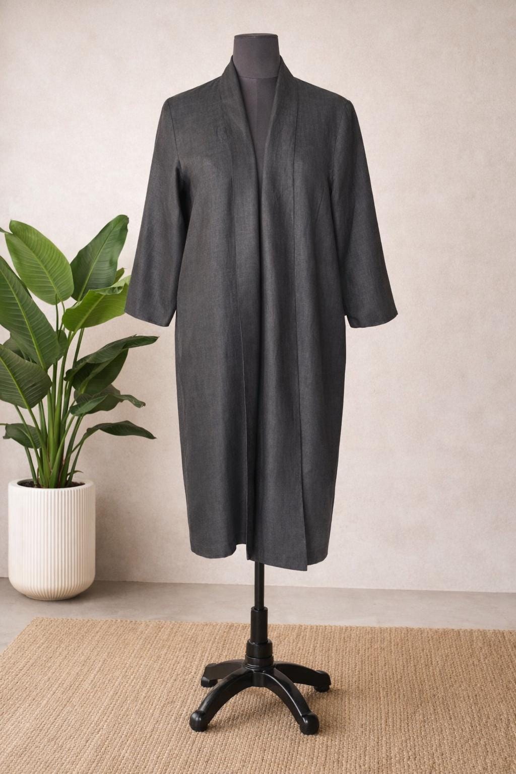 Women's Long Linen Duster Coat, Open Front Minimalist Jacket, Natural Beige Beige