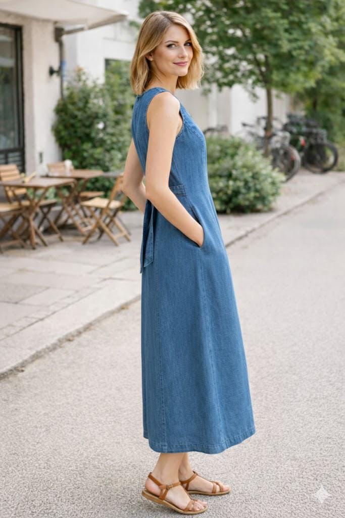 Classic Blue Denim Midi Dress | Sleeveless Button Front Everyday Dress
