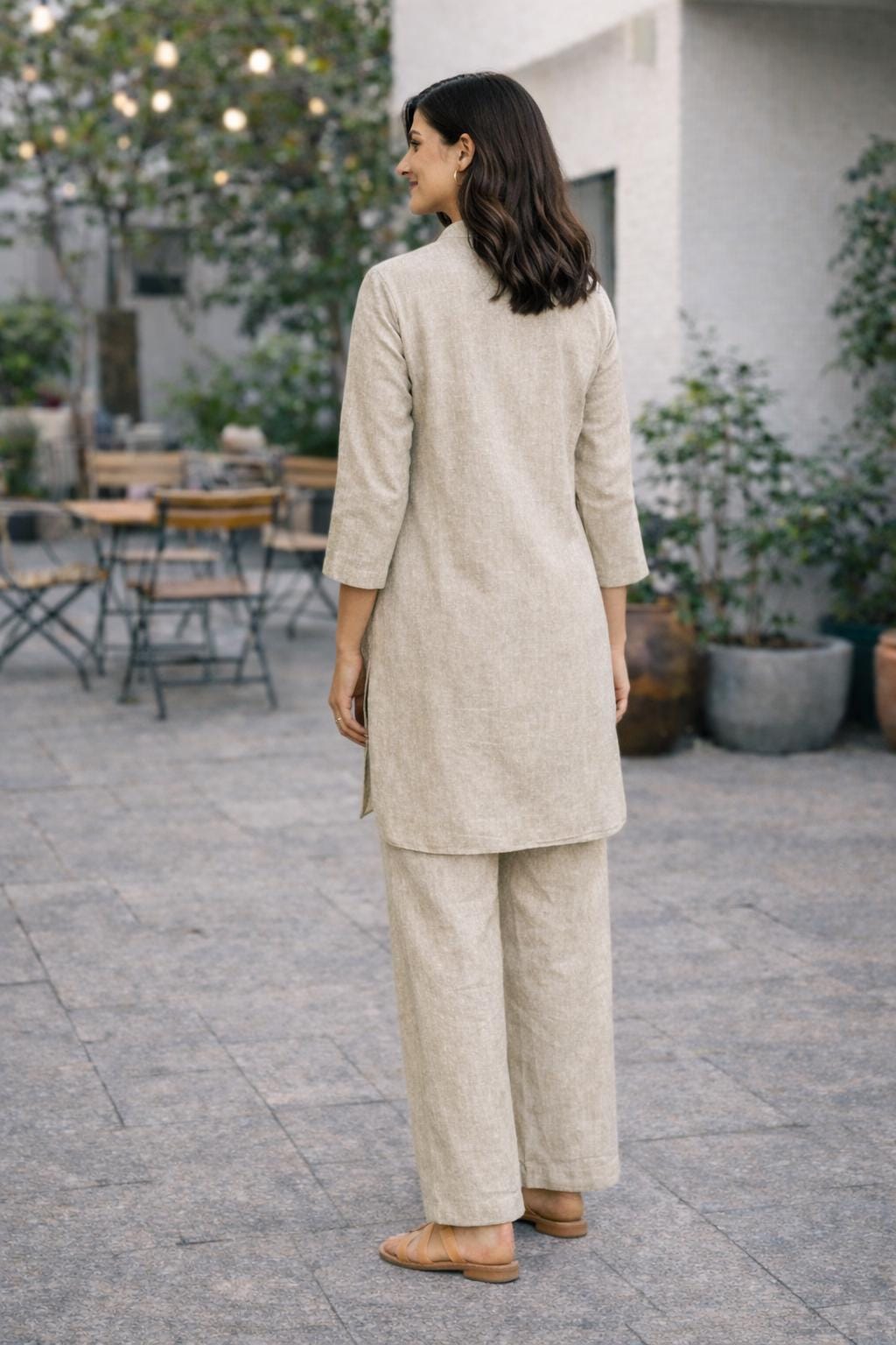 Natural Linen Co-Ord Set with Pockets – Linen Tunic & Wide Pants – Elegant Comfortable
