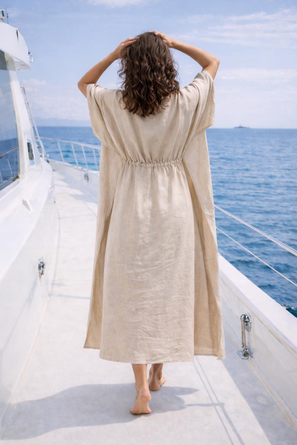 Natural Linen Kaftan Dress – Soft Earth-Tone Maxi with Pockets