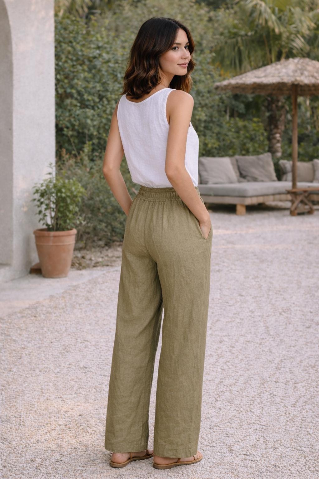 Olive Sheen Linen Trousers – Relaxed Fit High-Waist Linen Pants with Pockets