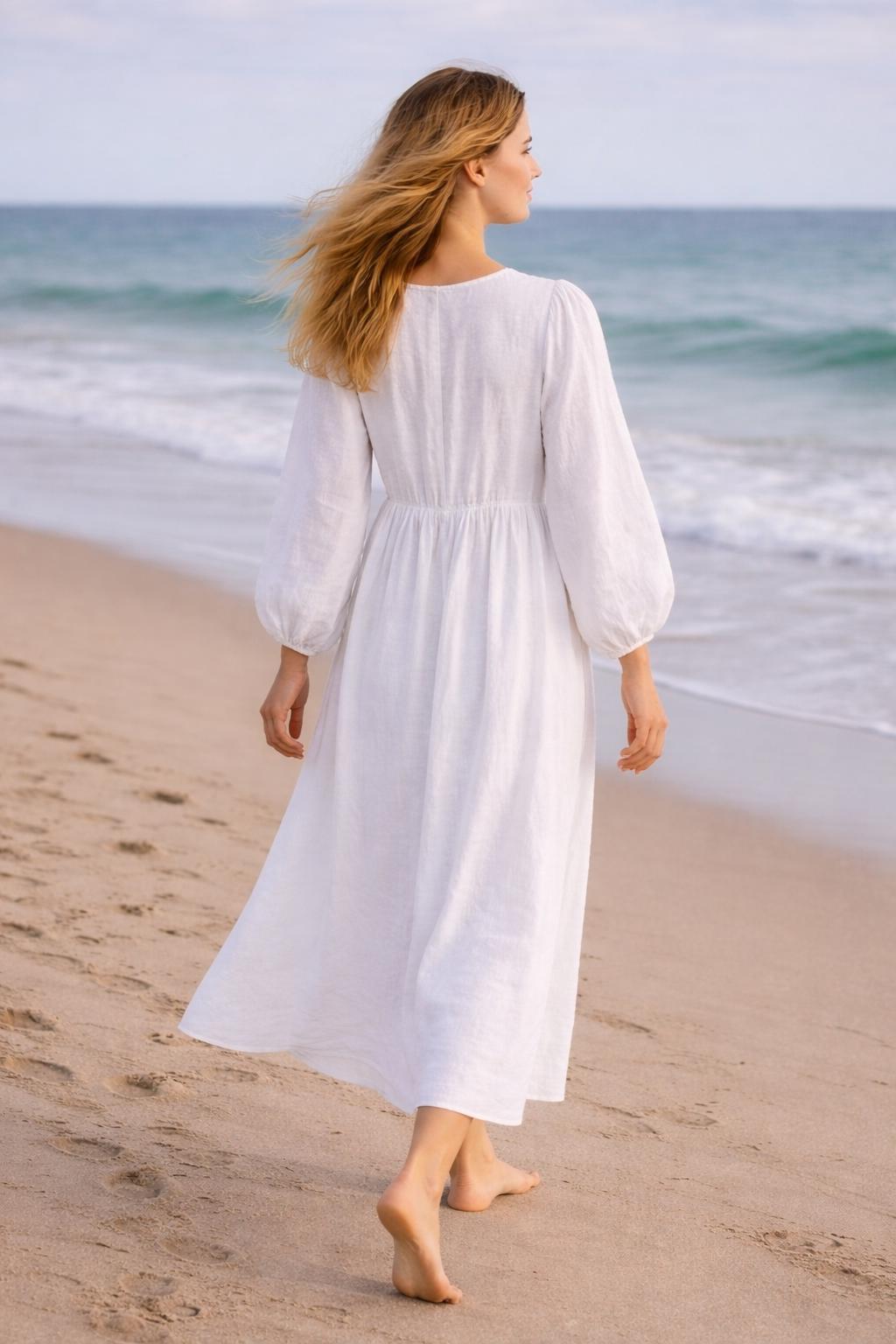 White Linen Midi Dress with Pockets
