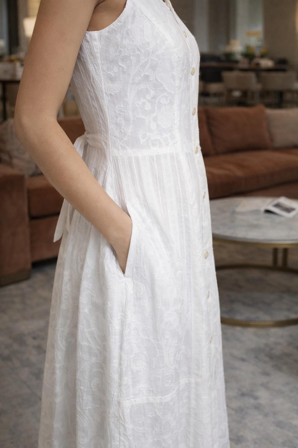 Ivory Whisper – White Cotton Patchwork Midi Dress with Pockets | Sleeveless Button-Down Summer Dress