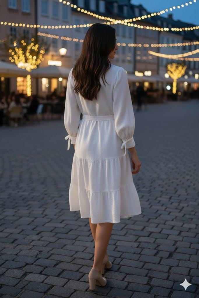 White Linen Tiered Shirt Dress  | Timeless Button-Up with Tie Belt & Pockets
