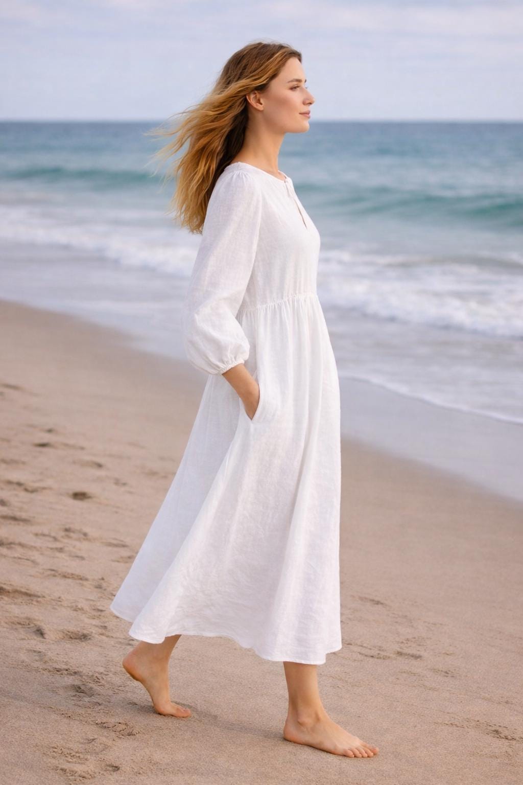 White Linen Midi Dress with Pockets