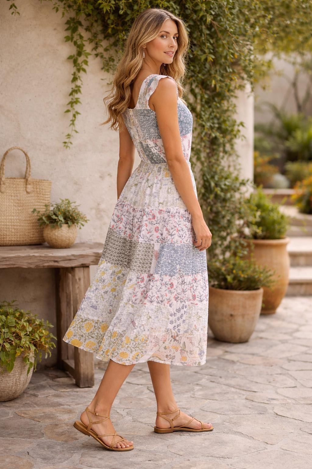 Patchwork Skirt & Top Set | Cotton Midi Skirt with Sleeveless Blouse