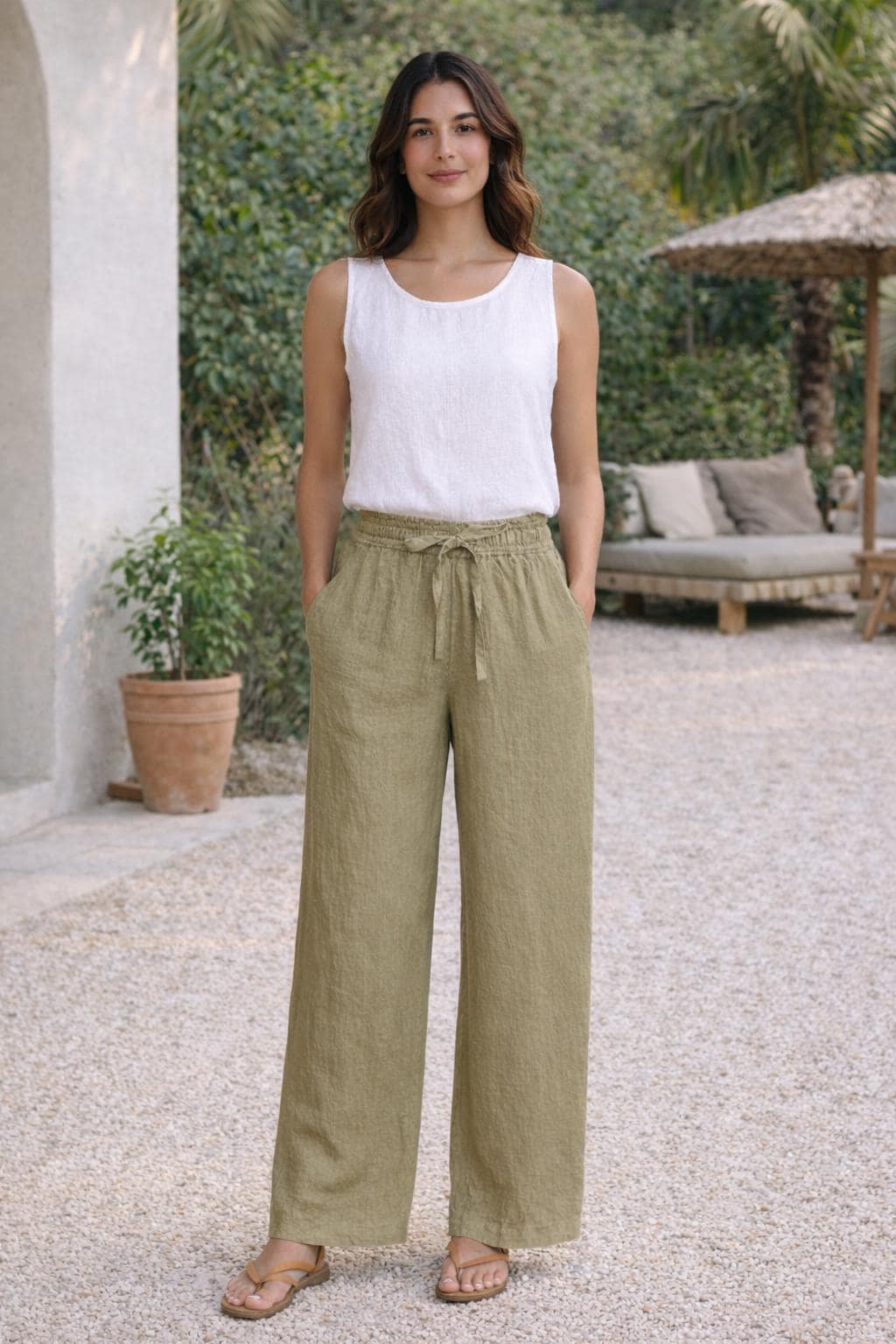 Olive Sheen Linen Trousers – Relaxed Fit High-Waist Linen Pants with Pockets