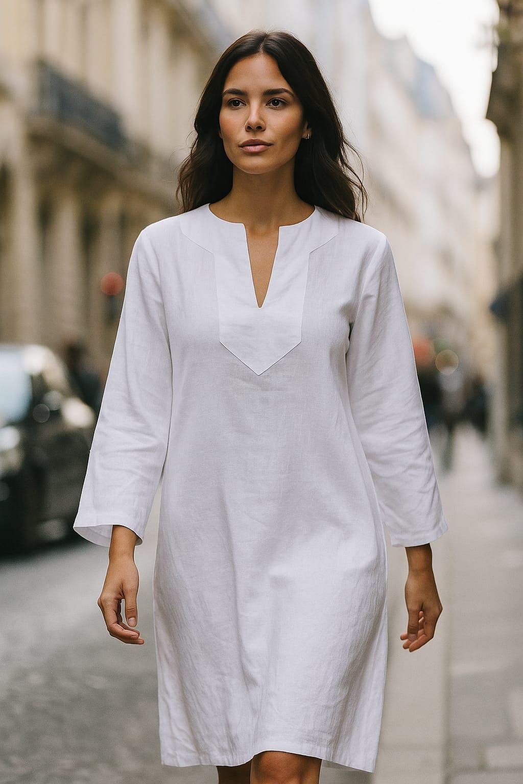 Short White Linen Kaftan Dress with Pockets | Relaxed Fit Handmade Resort Wear